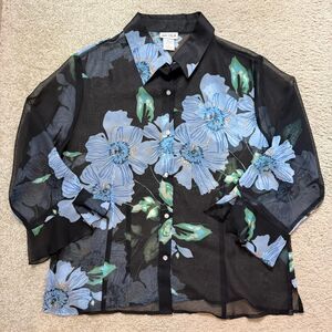 Vintage 90s sheer floral button down blouse - blue and black - Large